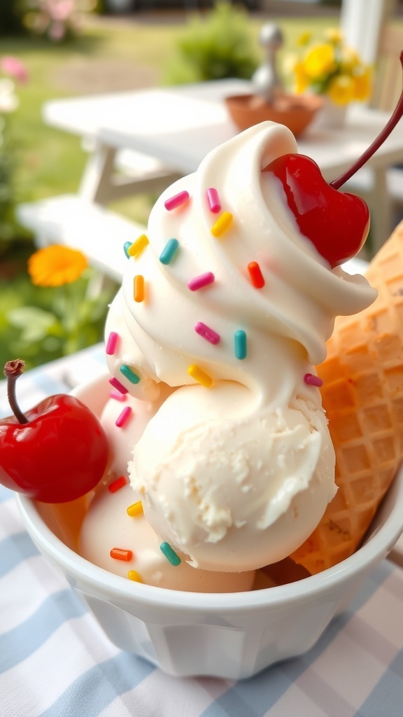 Homemade Vanilla Ice Cream Recipe A bowl of vanilla ice cream with sprinkles and a cherry, alongside a waffle cone, in a sunny outdoor setting.